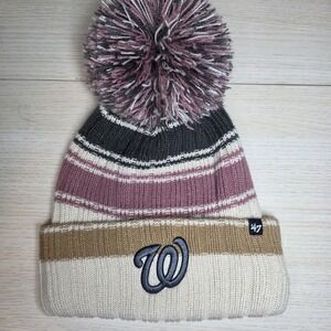 '47 Brand Women's Washington Nationals Beanie Hat OSFA Striped Pom MLB Winter